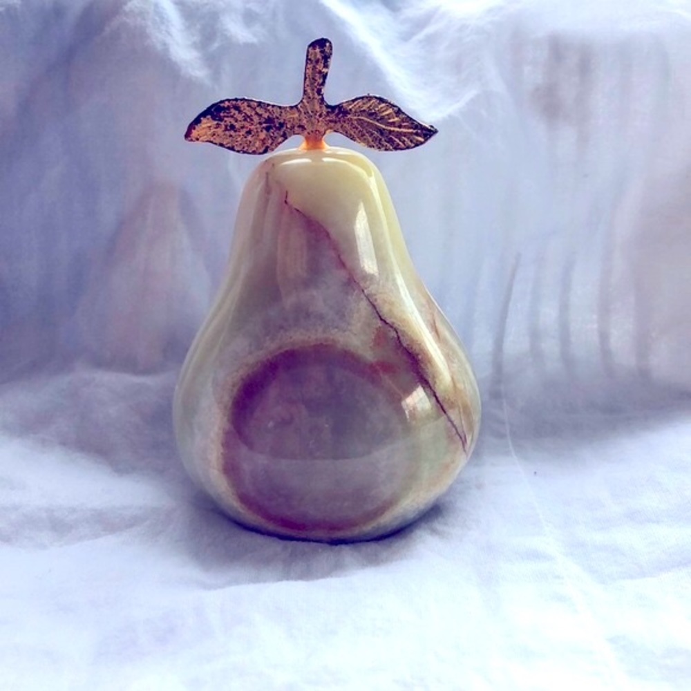 Onyx Pear Decorative Fruit. Gold/Brass Stem. Solid Onyx Marble.